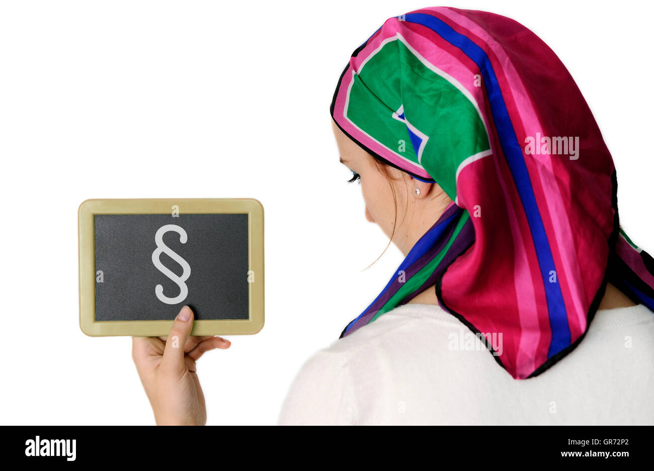 Woman Wearing Headscraf And Holding Hand Board With Paragraph Sign Stock Photo
