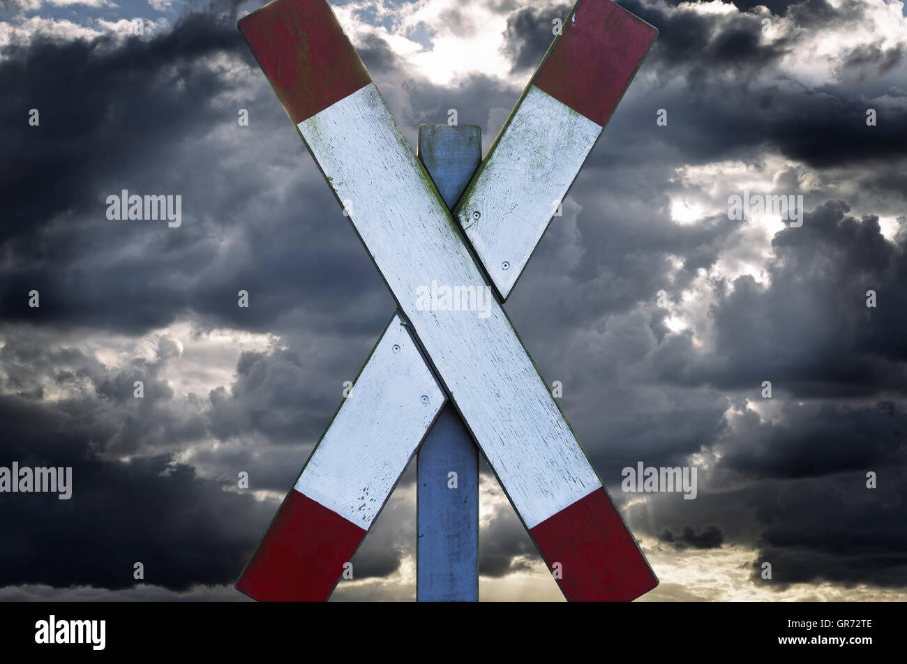 St. Andrews Cross In Front Of Dark Sky, Strike Of The Train Drivers Stock Photo
