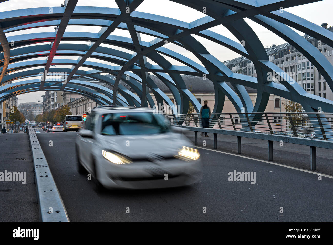 Tube-Shaped Spatial Structure Of The Hans-Wilsdorf-Bridge, Geneva, Switzerland Stock Photo