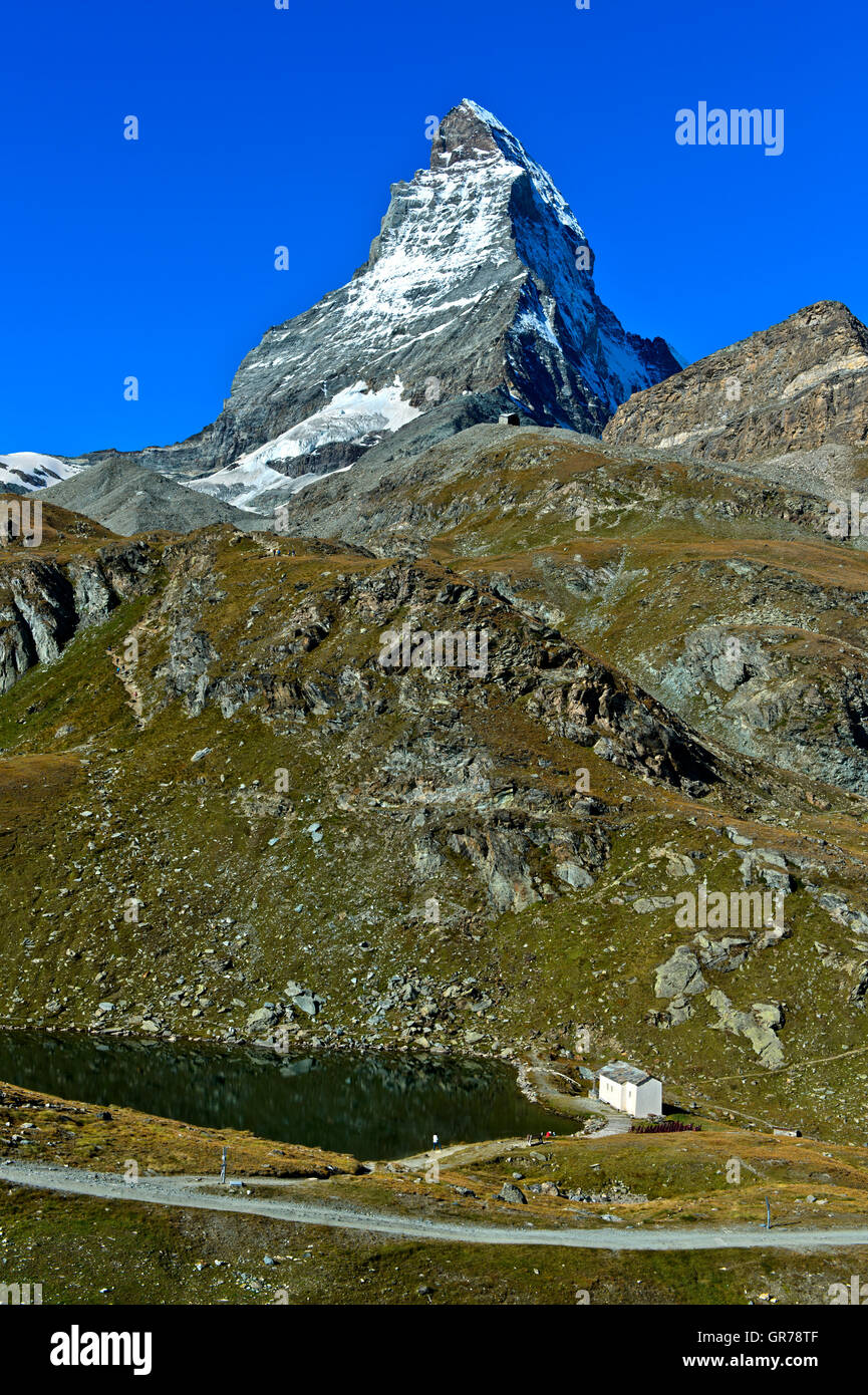 At Lake Schwarzsee, Matterhorn Behind, Zermatt, Valais, Switzerland Stock Photo