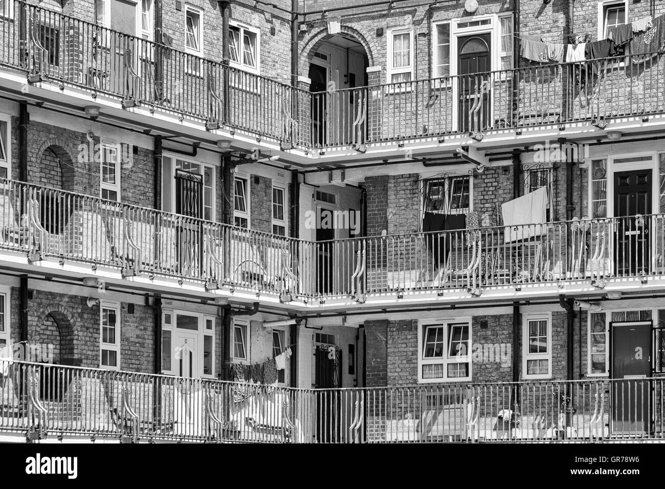 Flats, apartments, social housing, council housing in Bethnal Green area, London UK in July - monochrome black and white black & white B&W Stock Photo
