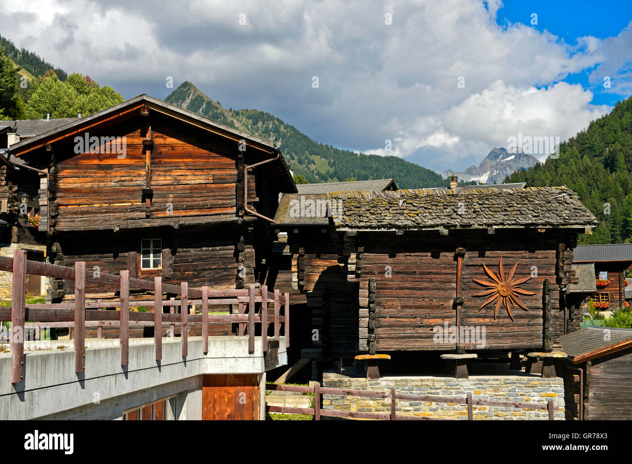 Valaisian Chalets, Binn, Binntal Valley, Valais, Switzerland Stock Photo