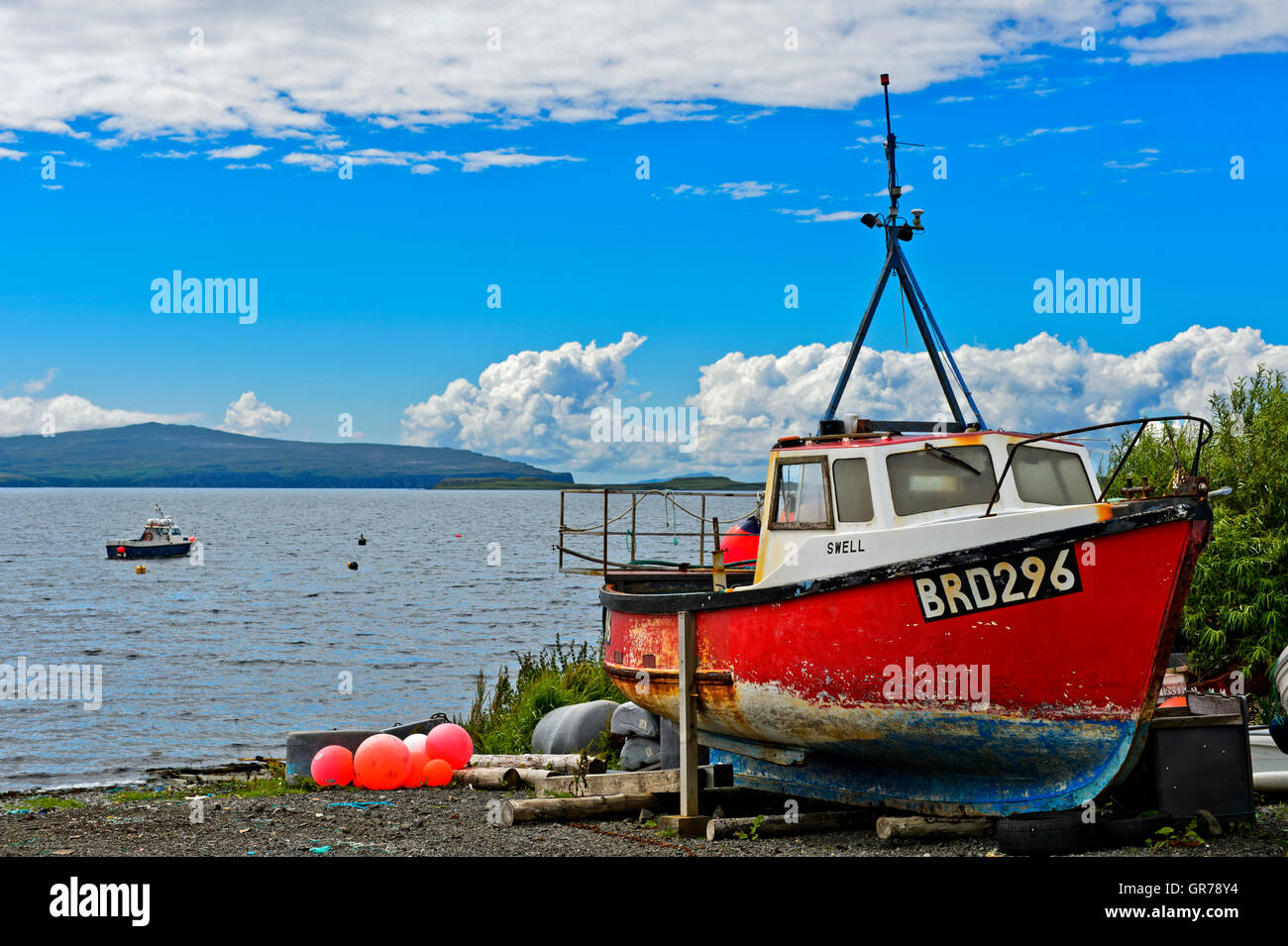 Fishing Vessel On Teh Shore Of Loch Bay, Stein, Waternish Peninsula, Isle Of Skye, Scotland, Great Britain Stock Photo