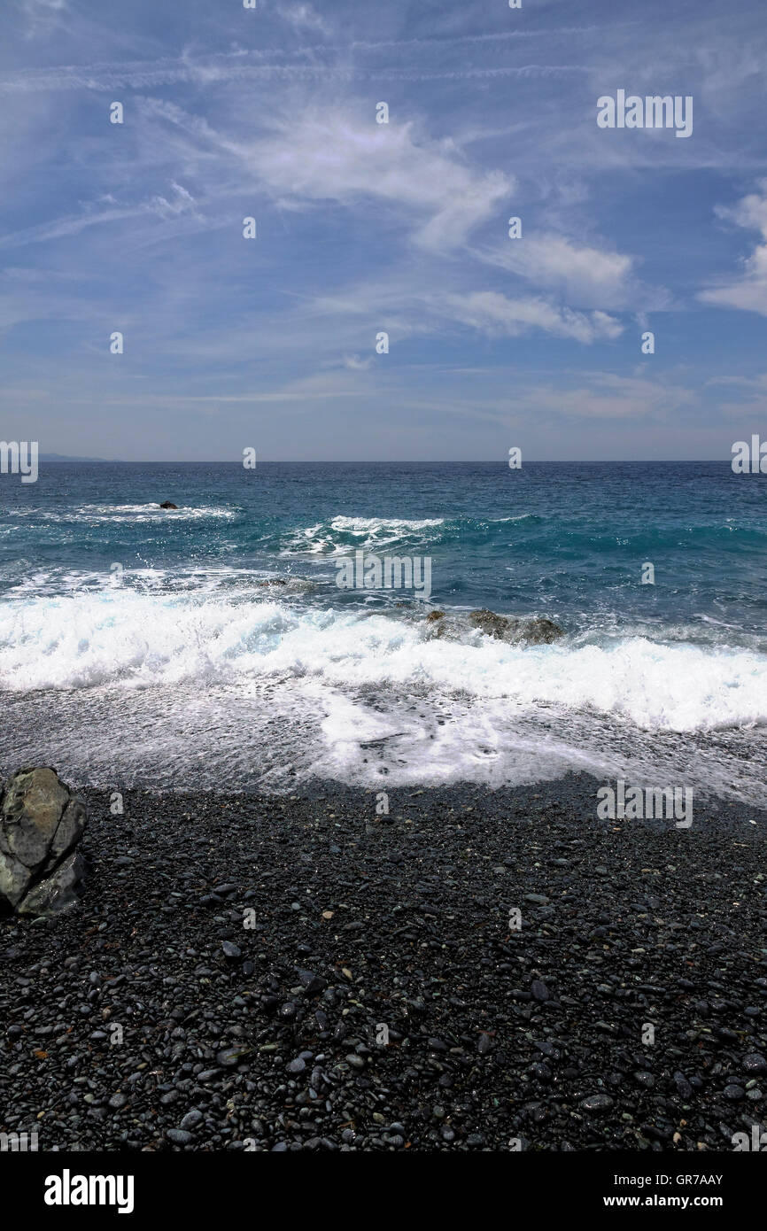 Albo With A Black Gravel Beach, Cap Corse, West Coast, Corsica, France, Europe Stock Photo