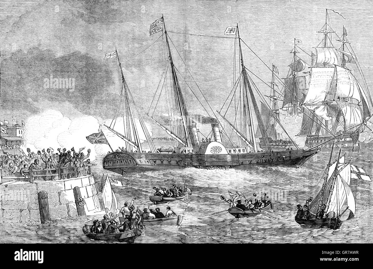 Queen Victoria leaving Kingstown (now Dun Laoghaire) Harbour following her first visit to Ireland in 1849 following the Irish Famine. It was a public relations success, but it had no lasting impact or effect on the growth of Irish nationalism. Stock Photo