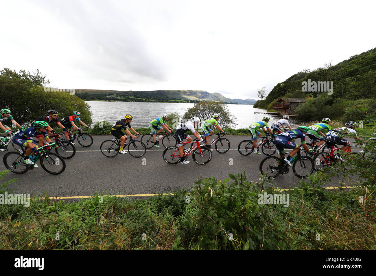 General view of the Tour of Britain in action at Ullswater, Lake District during stage two of the 2016 Tour of Britain. PRESS ASSOCIATION Photo. Picture date: Monday September 5, 2016. See PA story CYCLING Tour of Britain. Photo credit should read: Owen Humphreys/PA Wire Stock Photo