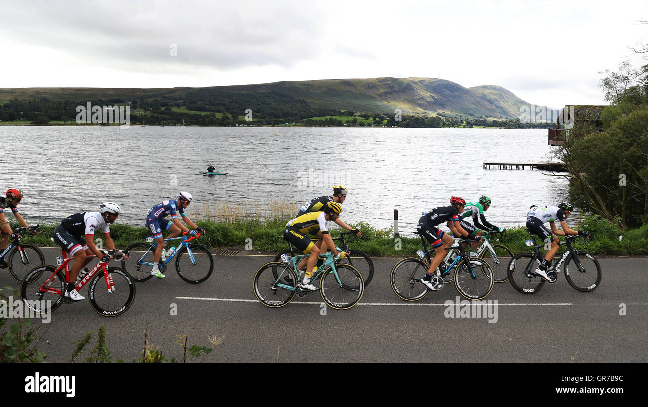 General view of the Tour of Britain in action at Ullswater, Lake District during stage two of the 2016 Tour of Britain. PRESS ASSOCIATION Photo. Picture date: Monday September 5, 2016. See PA story CYCLING Tour of Britain. Photo credit should read: Owen Humphreys/PA Wire Stock Photo