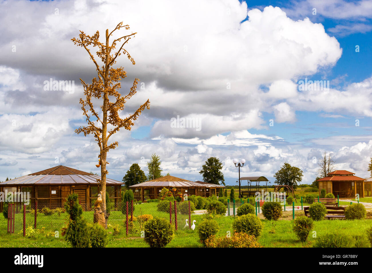 Amber tree with decorative leaves made of amber, stands in landscaped ...