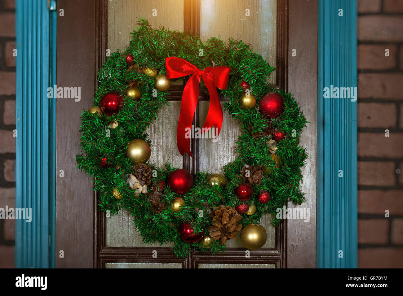 Christmas wreath on the door. New year and Christmas in