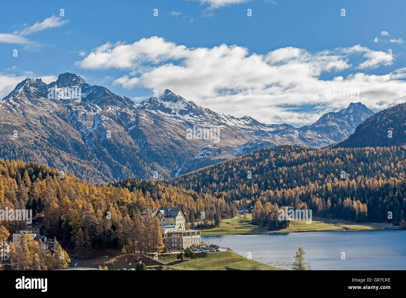 St. Moritz In The Upper Engadine Is The Smallest Of The Four Lakes In The Engadine Lakes. Stock Photo