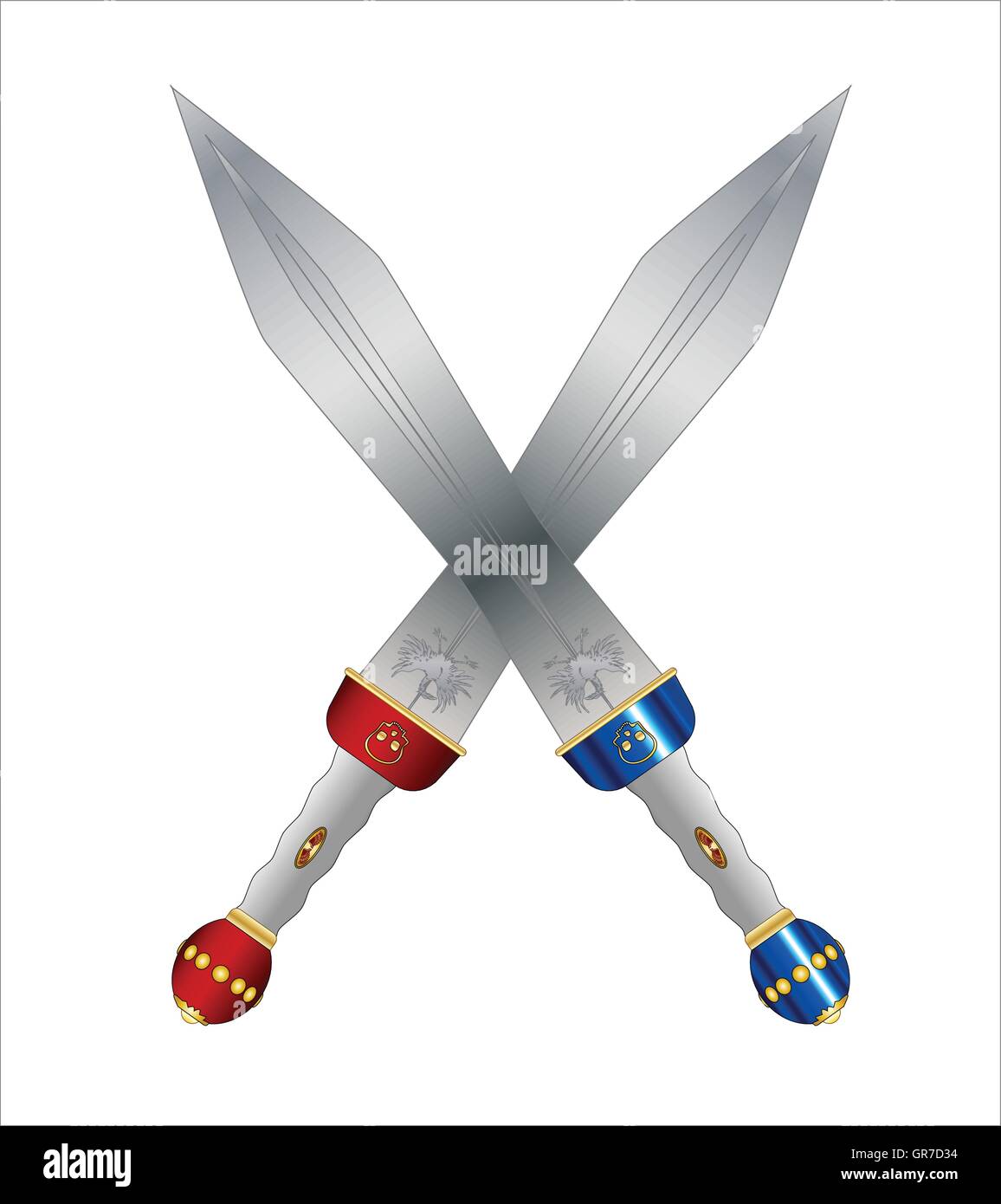 A pair of crossed swords as used by the Roman soldiers and gladiators isolated on a white background. Stock Vector