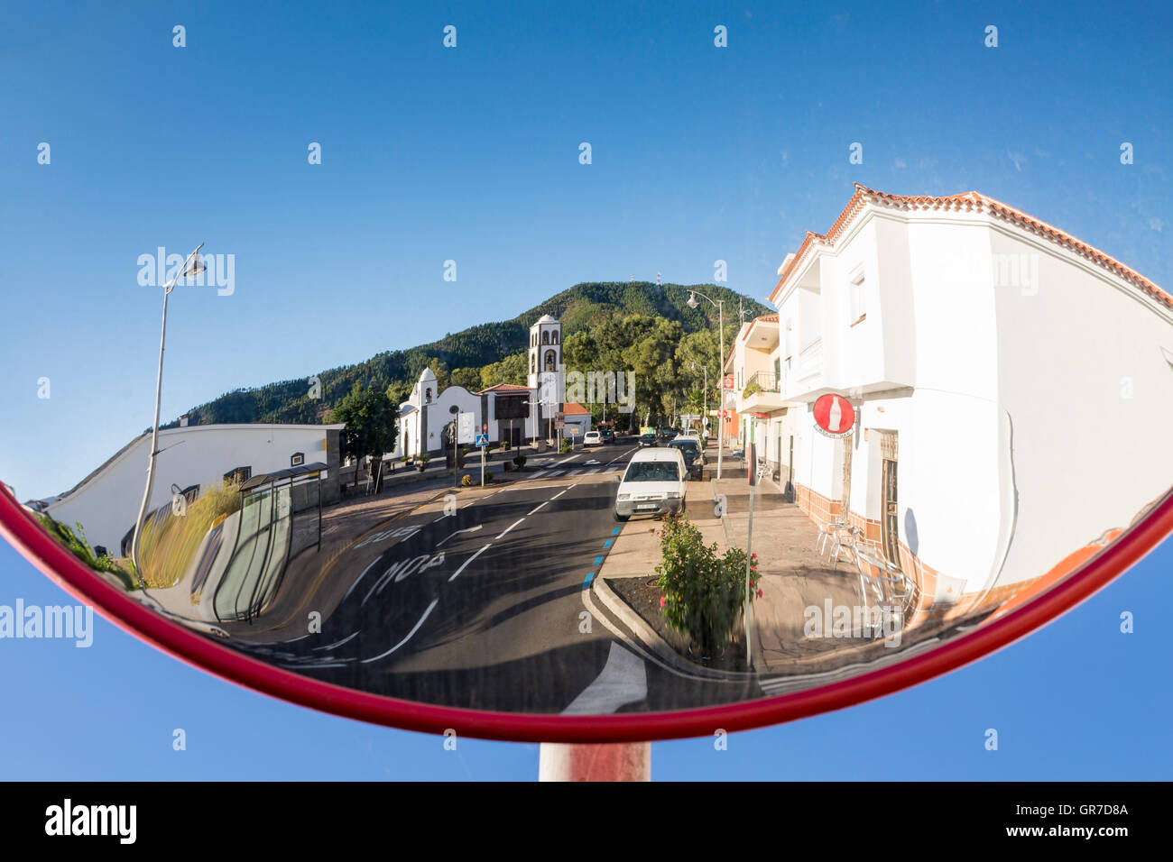 Section of concave mirror reflecting street in Santiago del Teide, Tenerife, Canary Islands, Spain Stock Photo