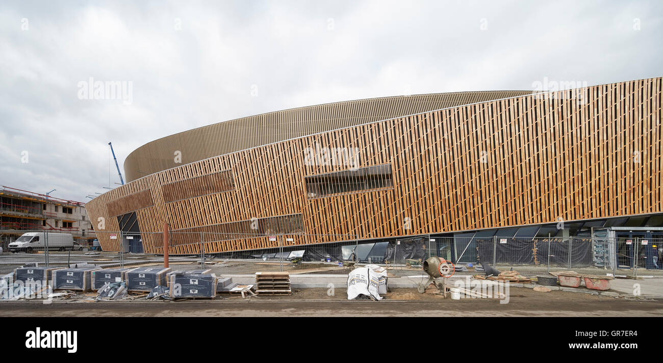 Partial view of convention center across construction site. Centre du Congres, Mons, Belgium. Architect: Libeskind, 2015. Stock Photo