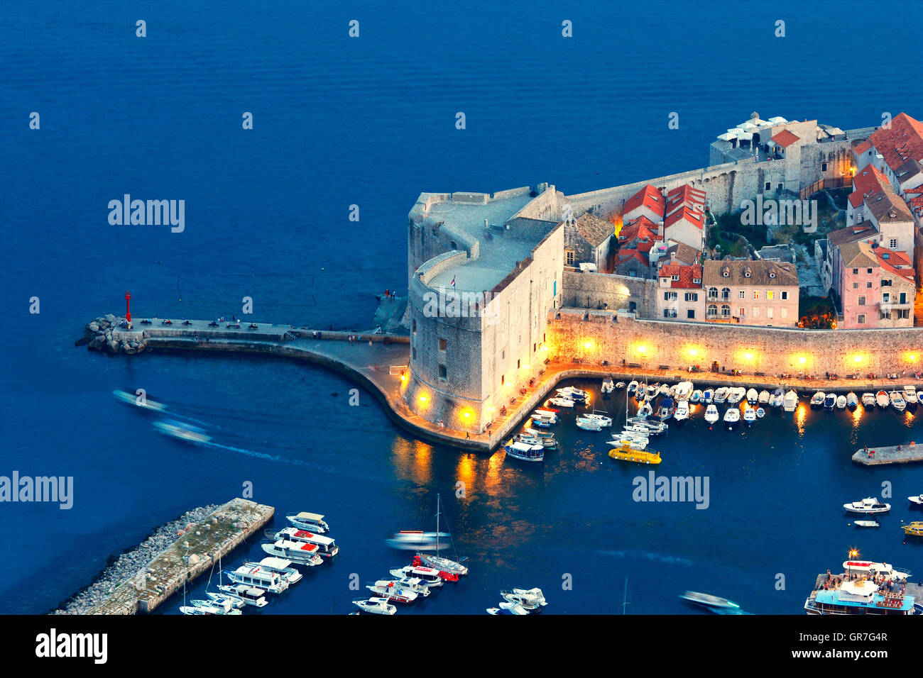 Dubrovnik city walls at night from above Stock Photo