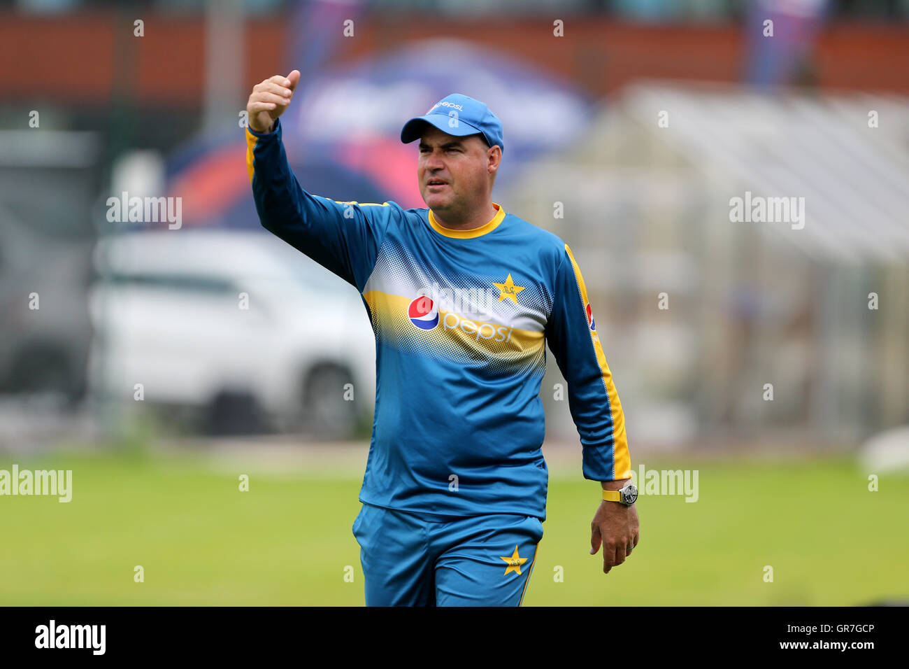 Pakistan's head coach Mickey Arthur during a nets session at Old