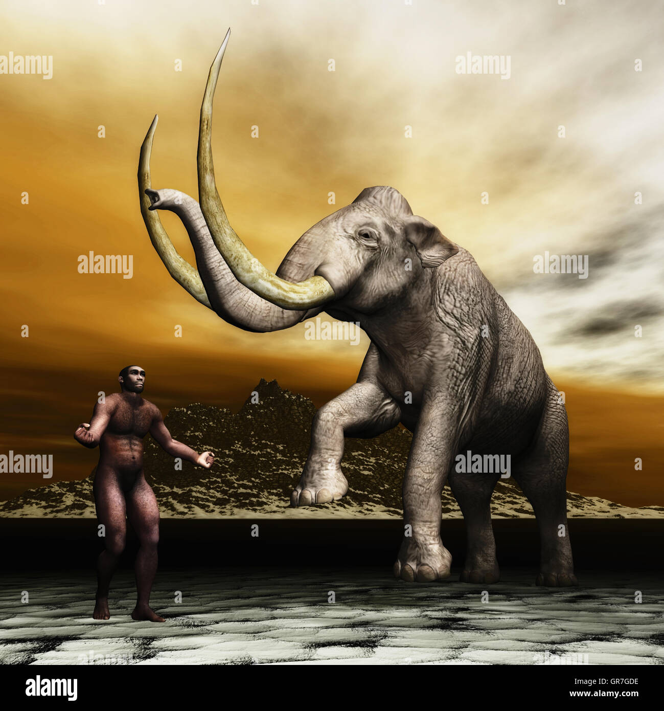 Mammoth With Prehistoric Man Stock Photo