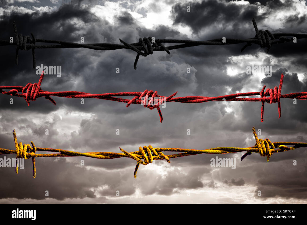 Barbed Wire, German National Colours, Transit Zone Stock Photo
