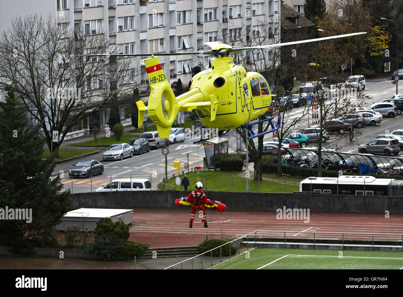Rescue Helicopter Eurocopter Ec135 T2 Of The Geneva University Hospital In An Emergency Action In Urban Stock Photo