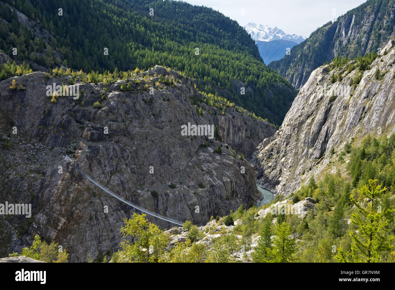 Span Ribbon Bridge Spanning The Massaschlucht Canyon,Tourism Region Belalp, Valais, Switzerland Stock Photo
