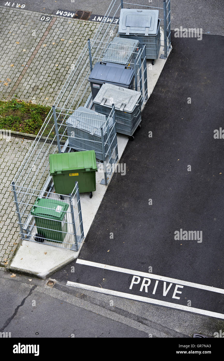Bird S Eye View On Waste Bins For Different Types Of Garbage Standing Disorderly On A Private Container Stock Photo