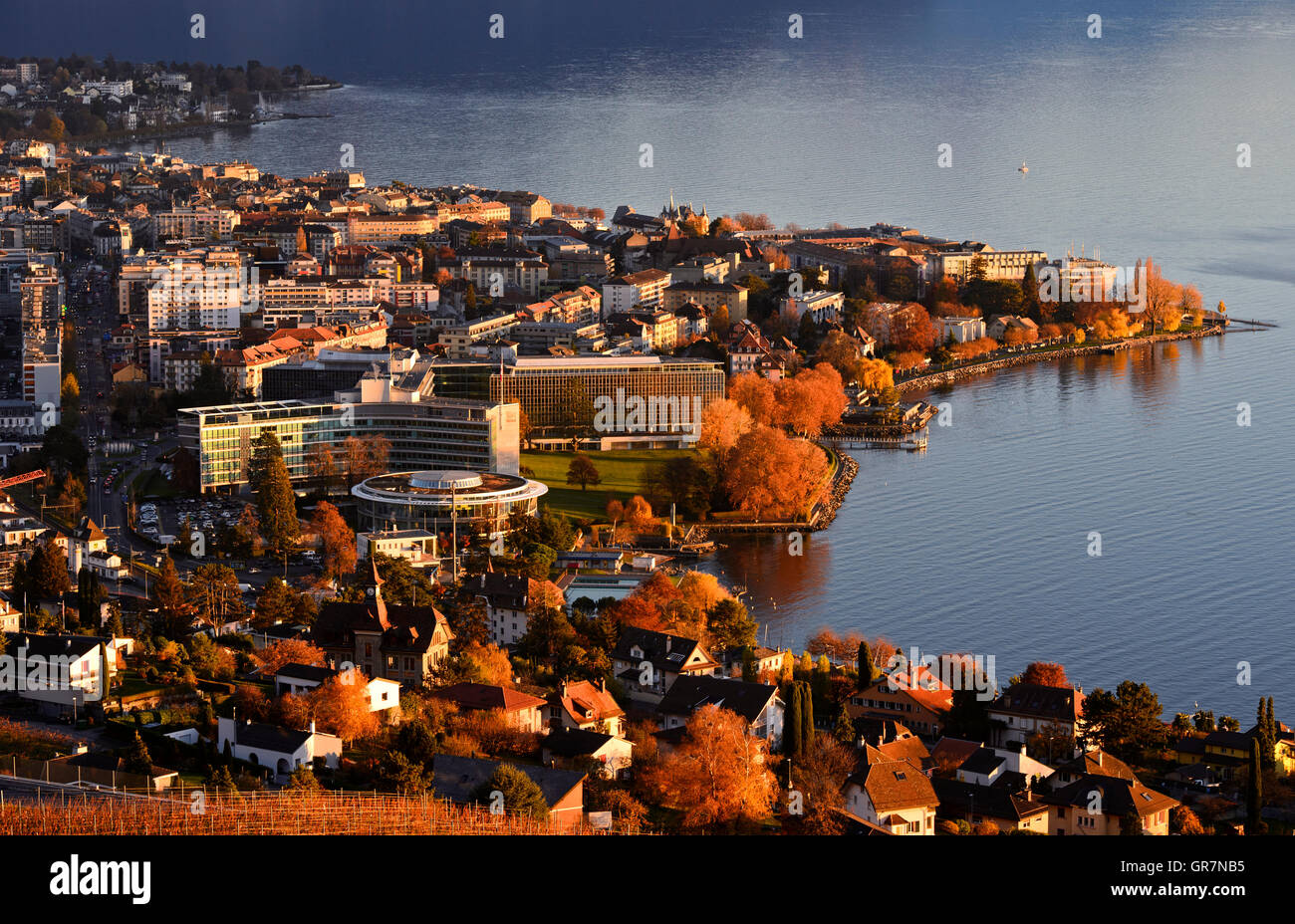 The Town Of Vevey With The World Headquarters Of Nestle S.A. At Lake Geneva, Vevey, Vaud, Switzerland Stock Photo