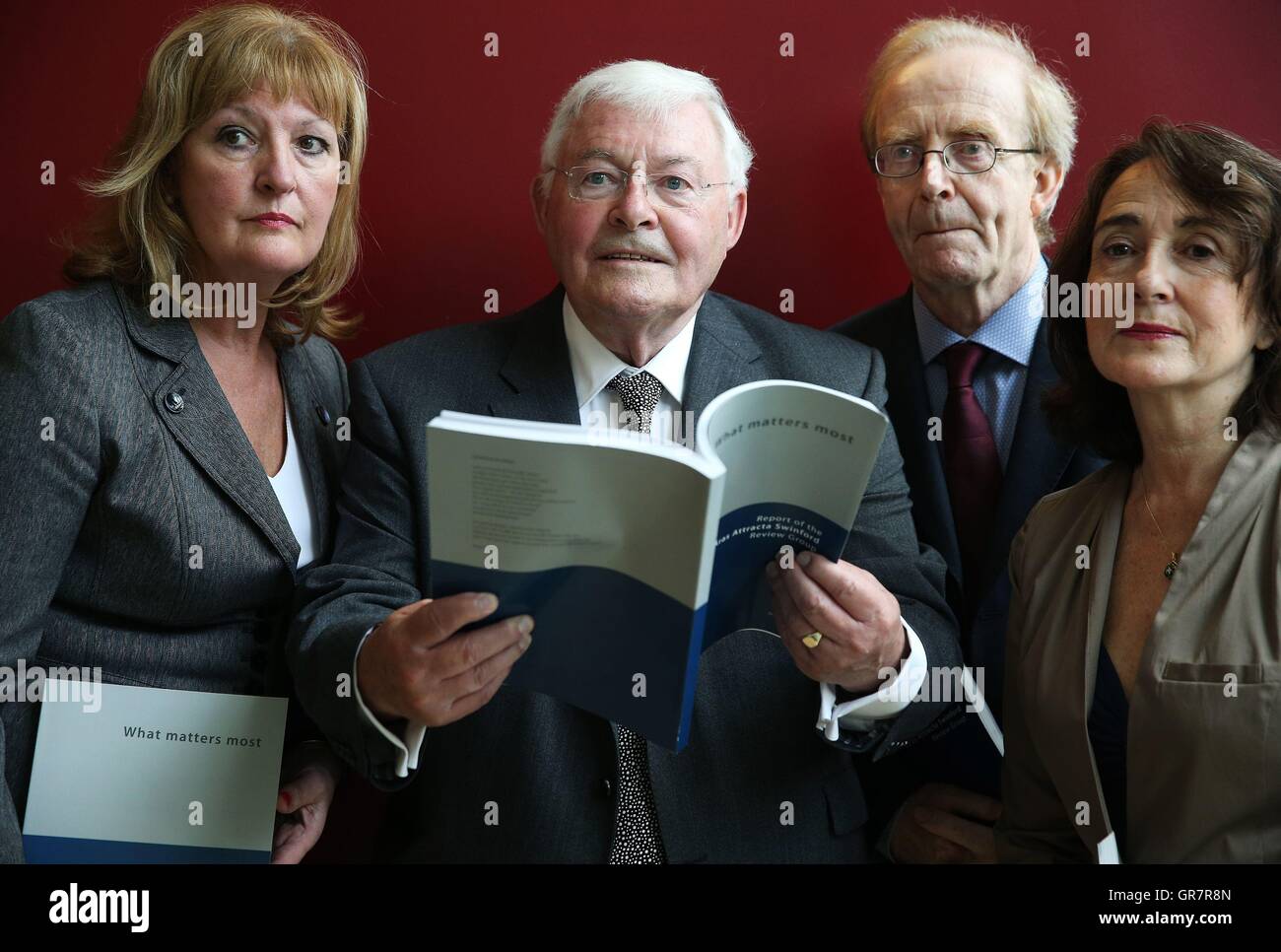 Dr Kevin McCoy (second left), Chair of the Aras Attracta Swinford Review Group, with fellow group members Ann Judge (left), Bob McCormack and Deirdre Carroll at the launch of its report into the Aras Attracta care home, which found disabled residents of the home were subjected to a bleak life of widespread control and conditioning. Stock Photo