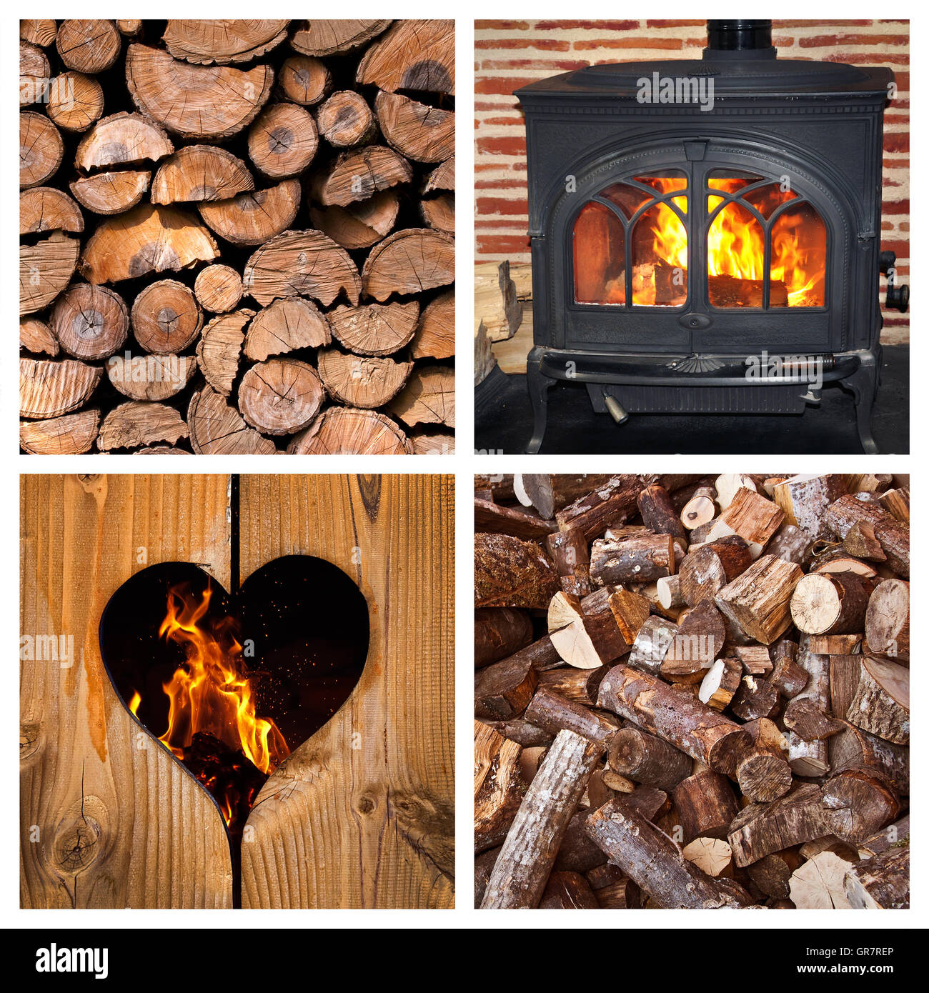 Wood burning stove and logs collage Stock Photo