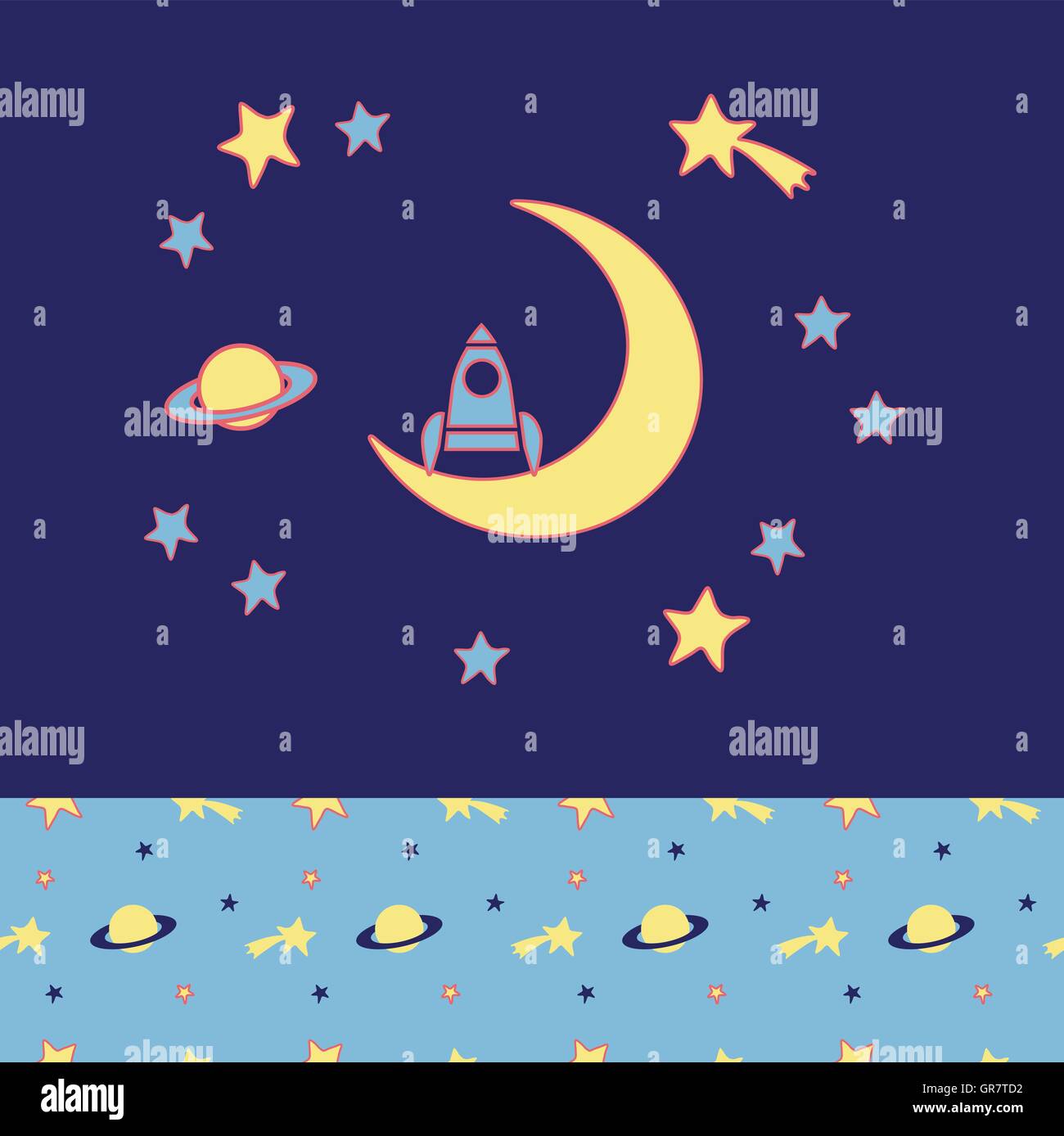 Rocket stands on moon, stars, planet and comet. Cozy wear top and bottom patterns Stock Vector