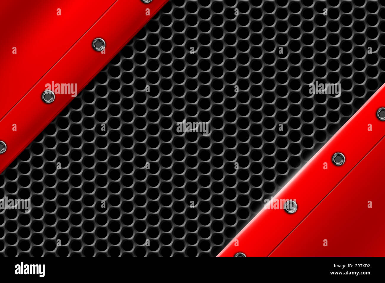 red metal background with rivet on gray metallic mesh. background and texture 3d illustration. Stock Photo