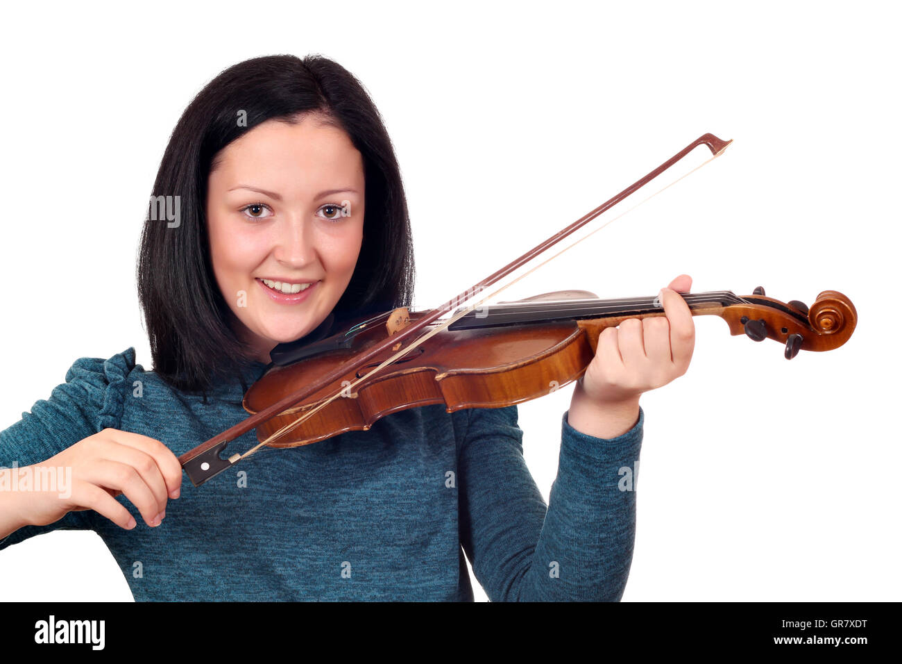 happy teenage girl play violin Stock Photo - Alamy
