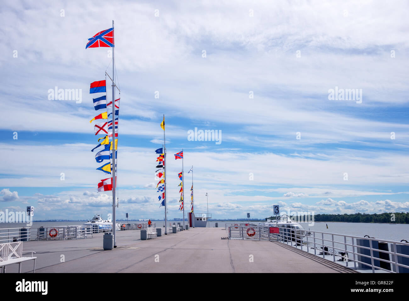 Peterhof pier on the Baltic sea; St Petersburg; Russia Stock Photo