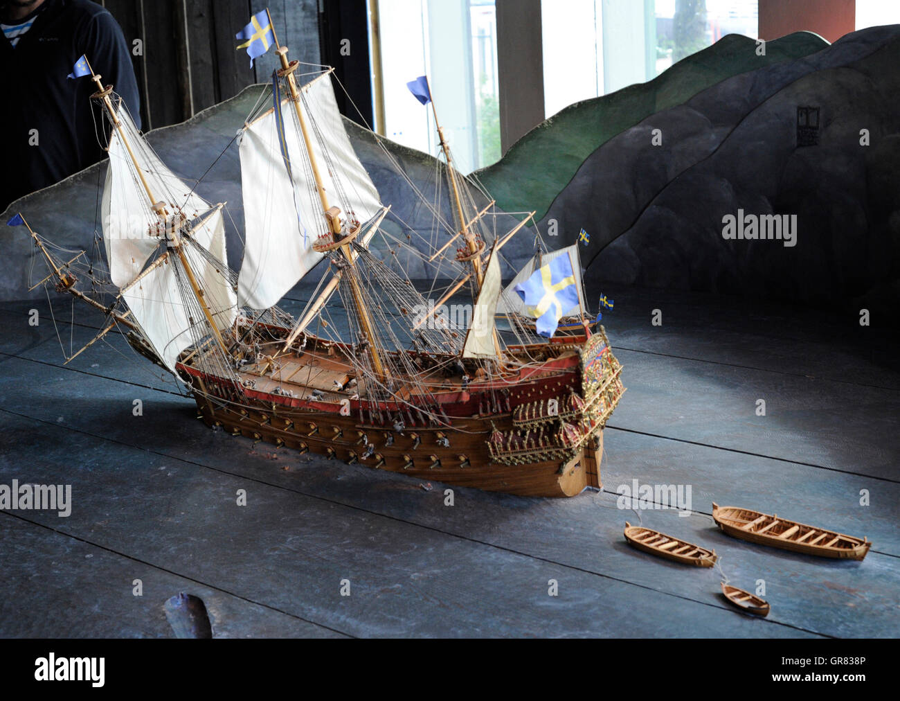 Warship Vasa. Built 1626-1628. Model with sinking recreation. Vasa Museum. Stockholm. Sweden. Stock Photo