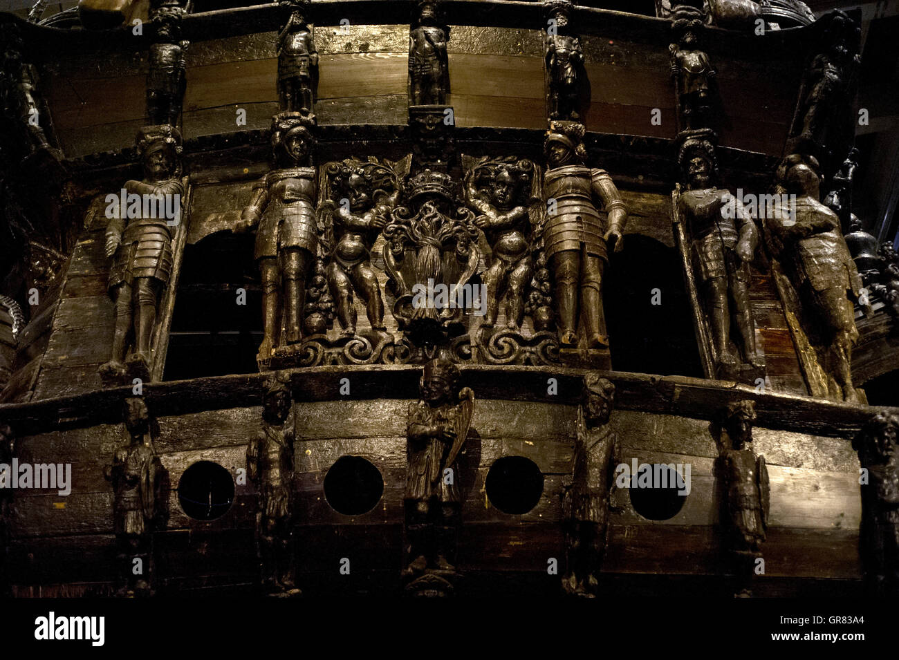 Warship Vasa. Built at 1626-1628 on the orders of the King of Sweden Gustavus Adolphus. Stern. Detail. Vasa Museum. Stockholm. Sweden. Stock Photo
