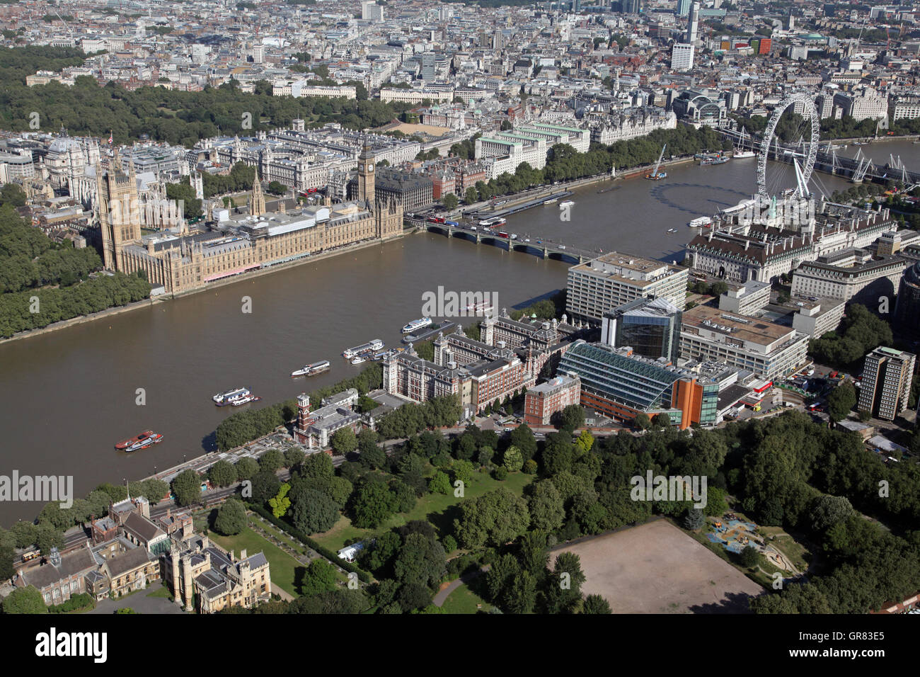 aerial view of St Thomas' Hospital in Lambeth, Houses of Parliament & Millennium Wheel, London, UK Stock Photo