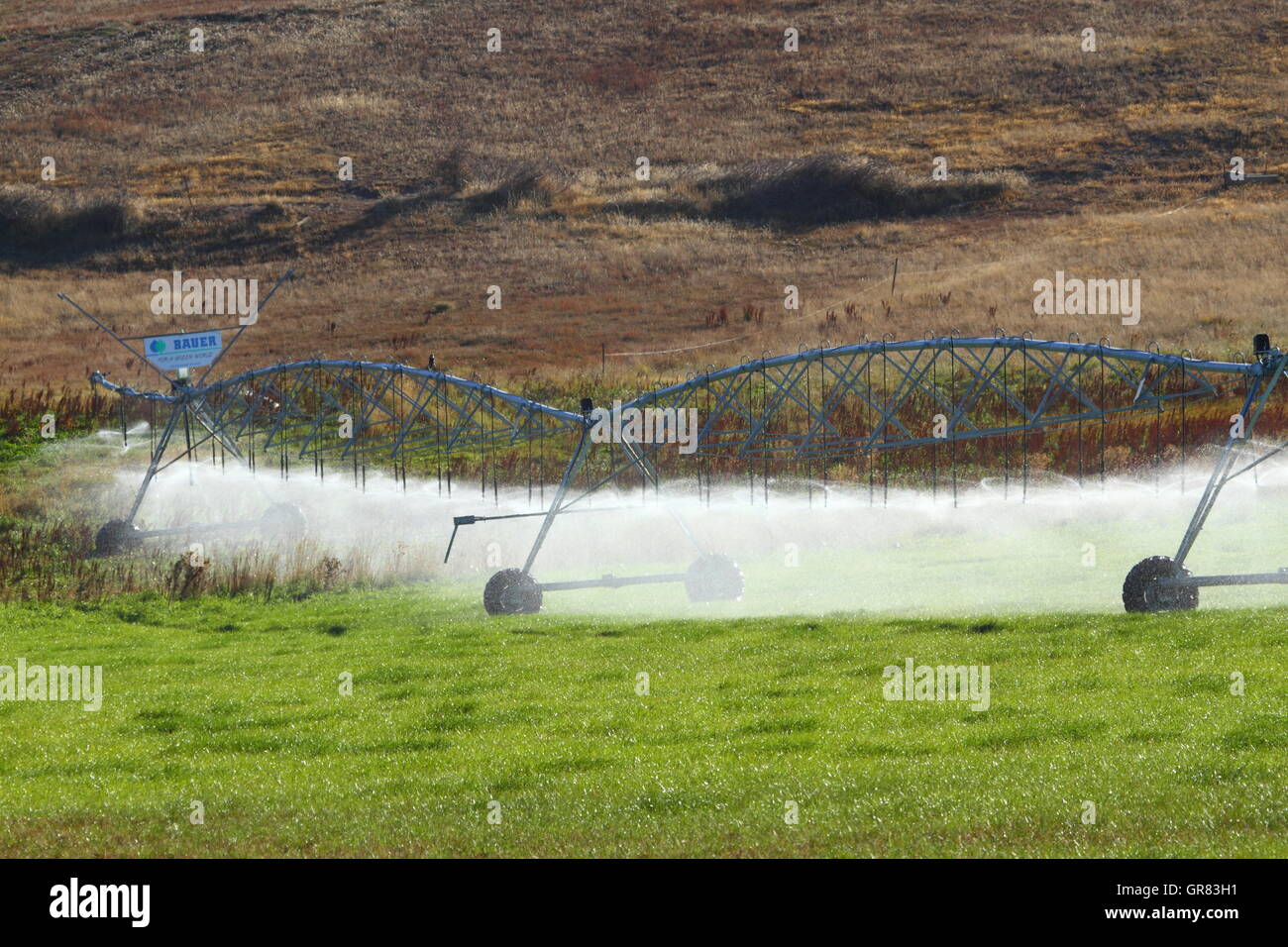 A pivot irrigation system watering a crop in Ouse, Tasmania, Australia