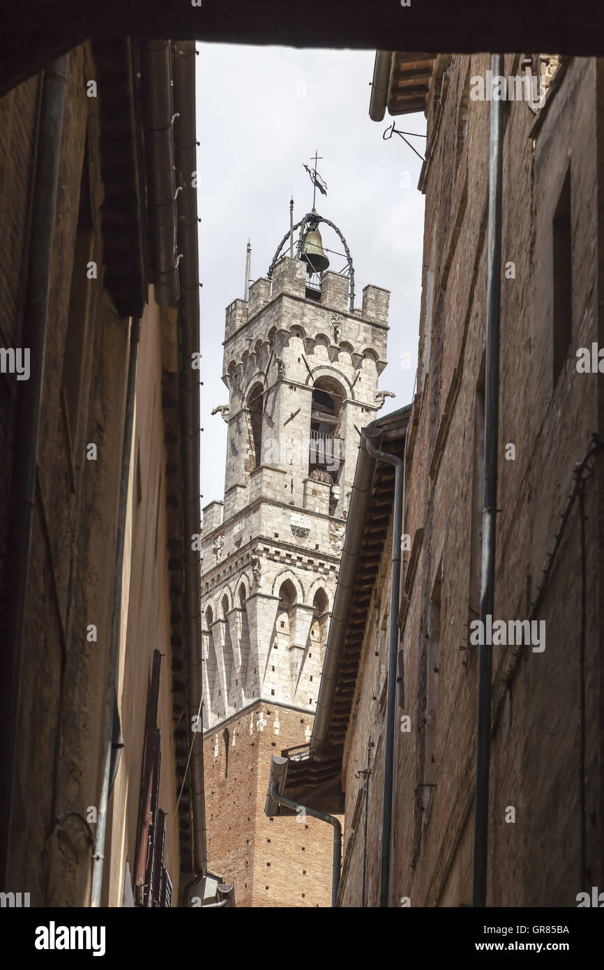 Siena, Torre Del Mangia Palazzo Pubblico At The Piazza Del Campo, Tuscany, Italy Stock Photo
