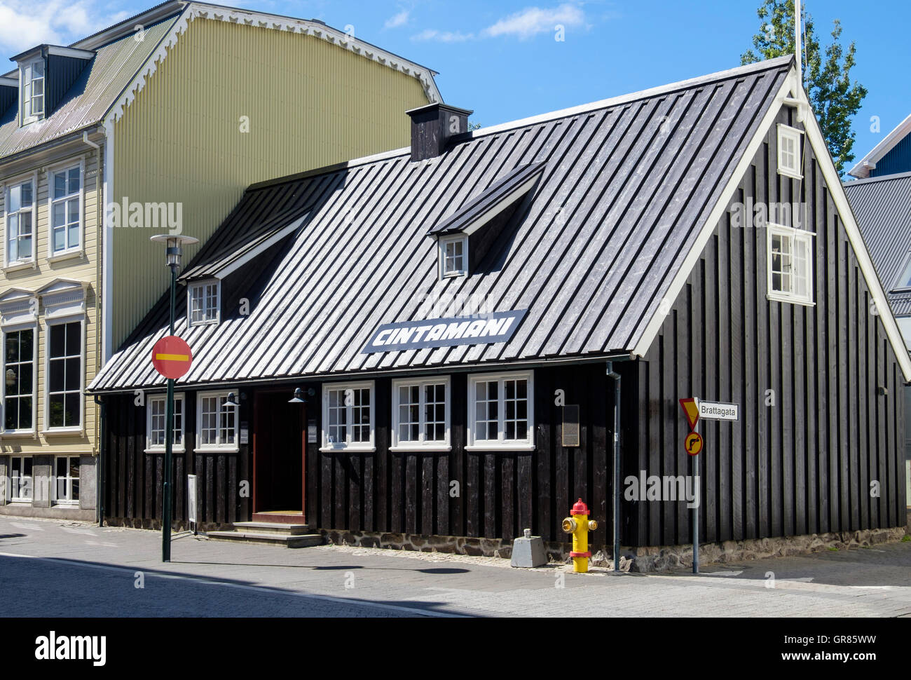 Oldest house now a restaurant in traditional old wooden building. Aðalstræti, Reykjavik, Iceland Stock Photo