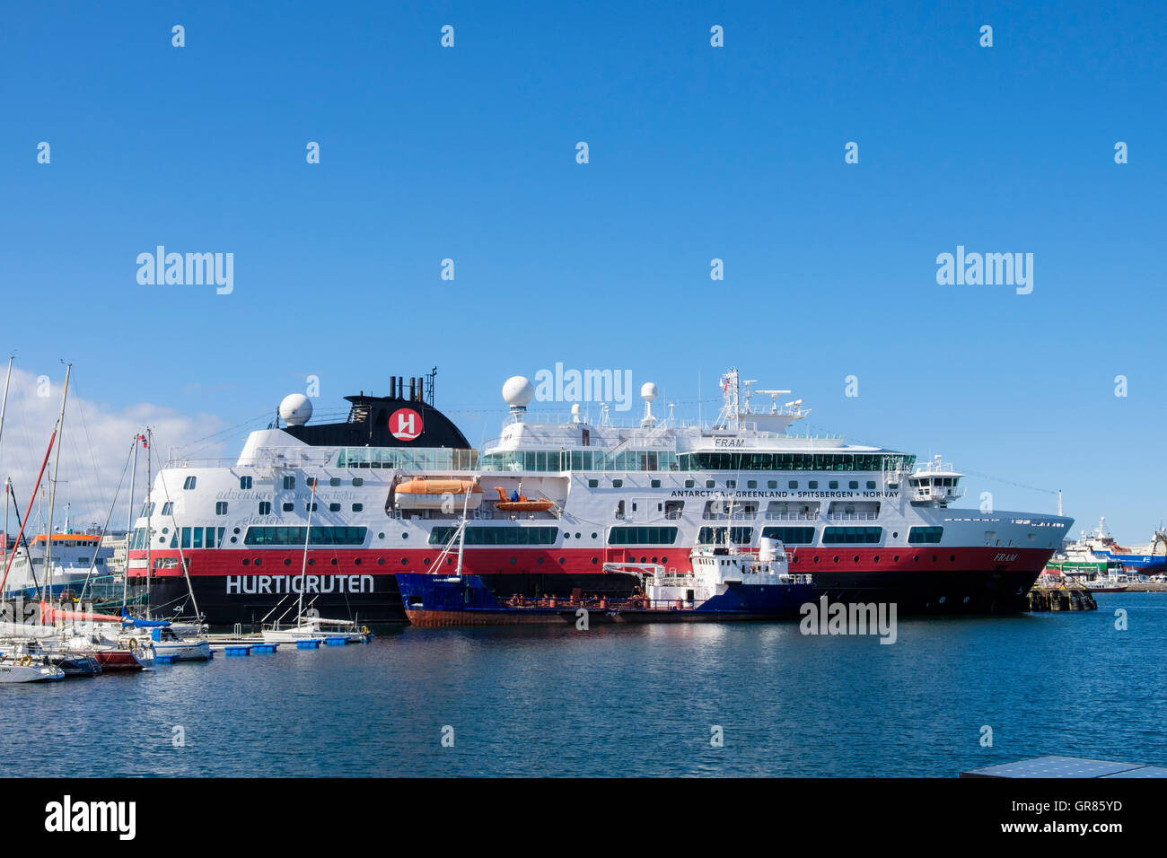 Hurtigruten MV Fram expedition explorer cruise ship docked in port