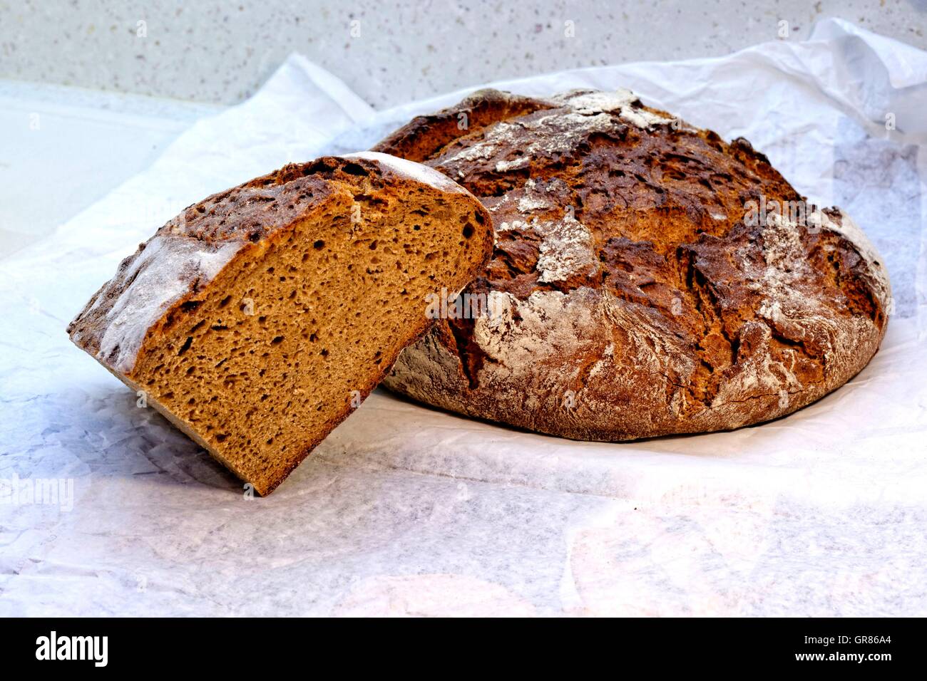 Rustic Farmhouse Bread Made From Rye Flour And Dinkelmalzmehl Stock Photo