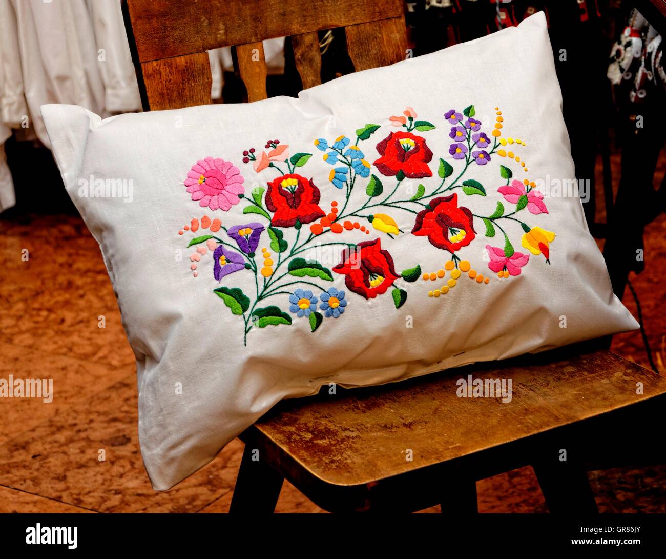 Weisses Pillows With Embroideries From Kalocsa, Hungary Stock Photo