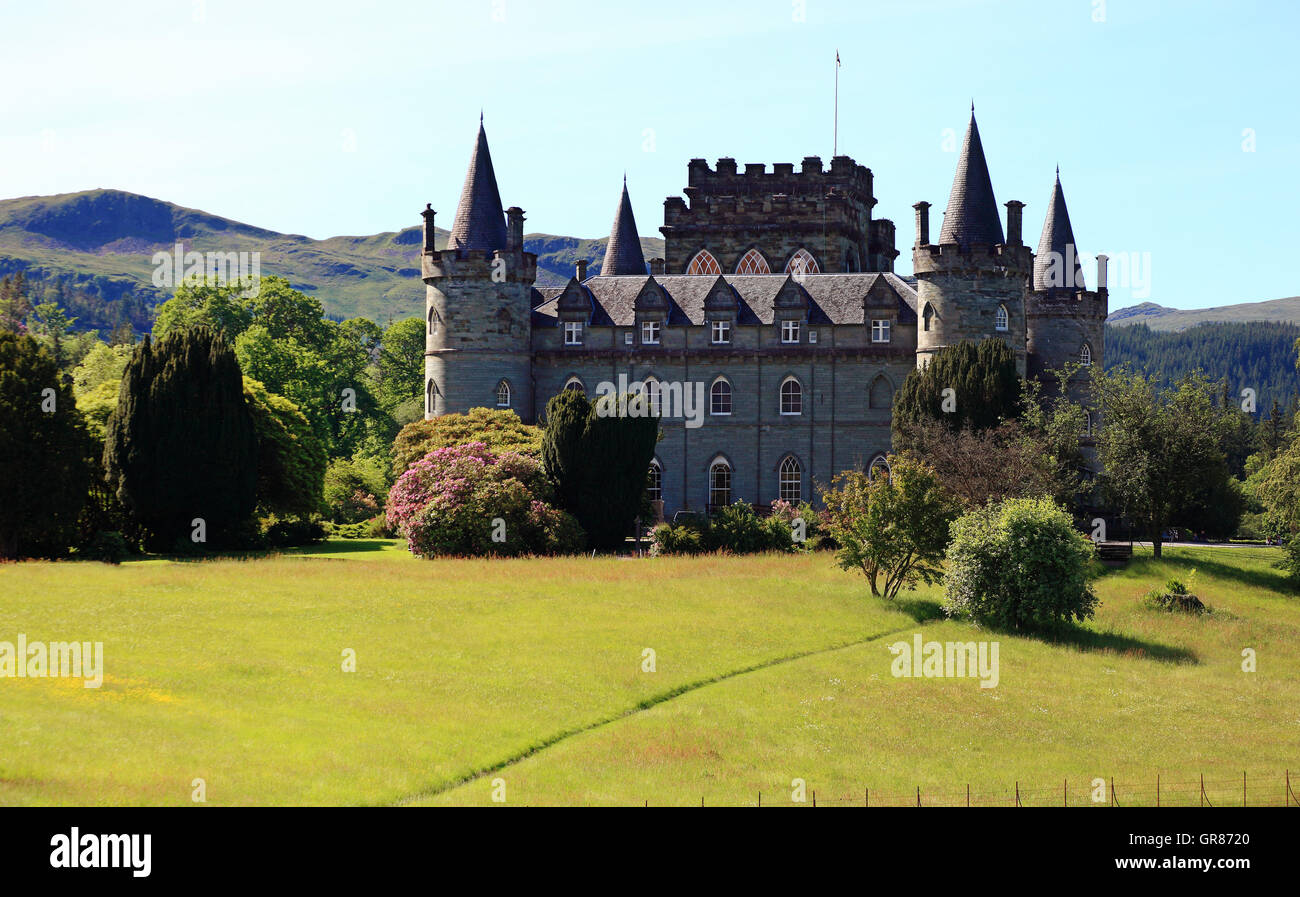 Scotland, castle of Inveraray, place in the Scottish Unitary Authority Argyll and Bute, lies on the shore of the inlet Loch Fyne Stock Photo