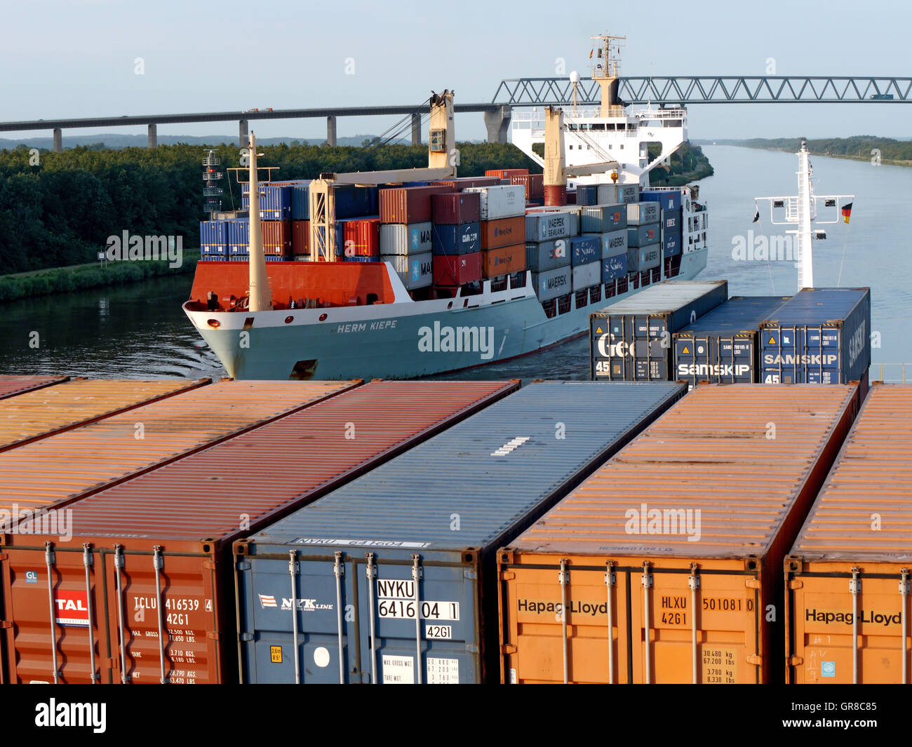 Meeting Of Two Container Ships In The Kiel Canal Stock Photo