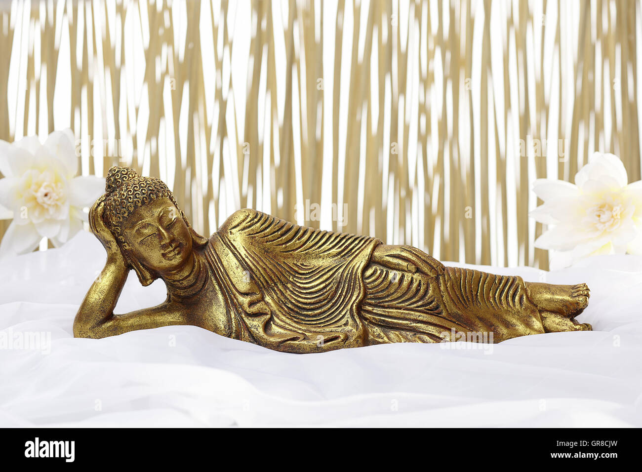 Bathroom Accessories With Golden Lying Buddha Stock Photo