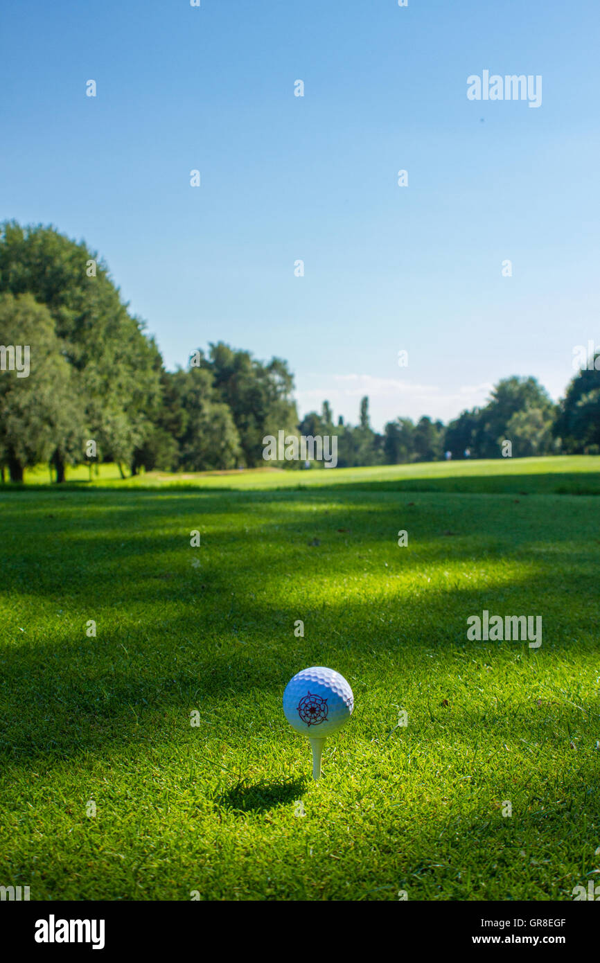 Colour image of a golf ball highlighted by sun-light on 1st Tee showing English rose design Stock Photo