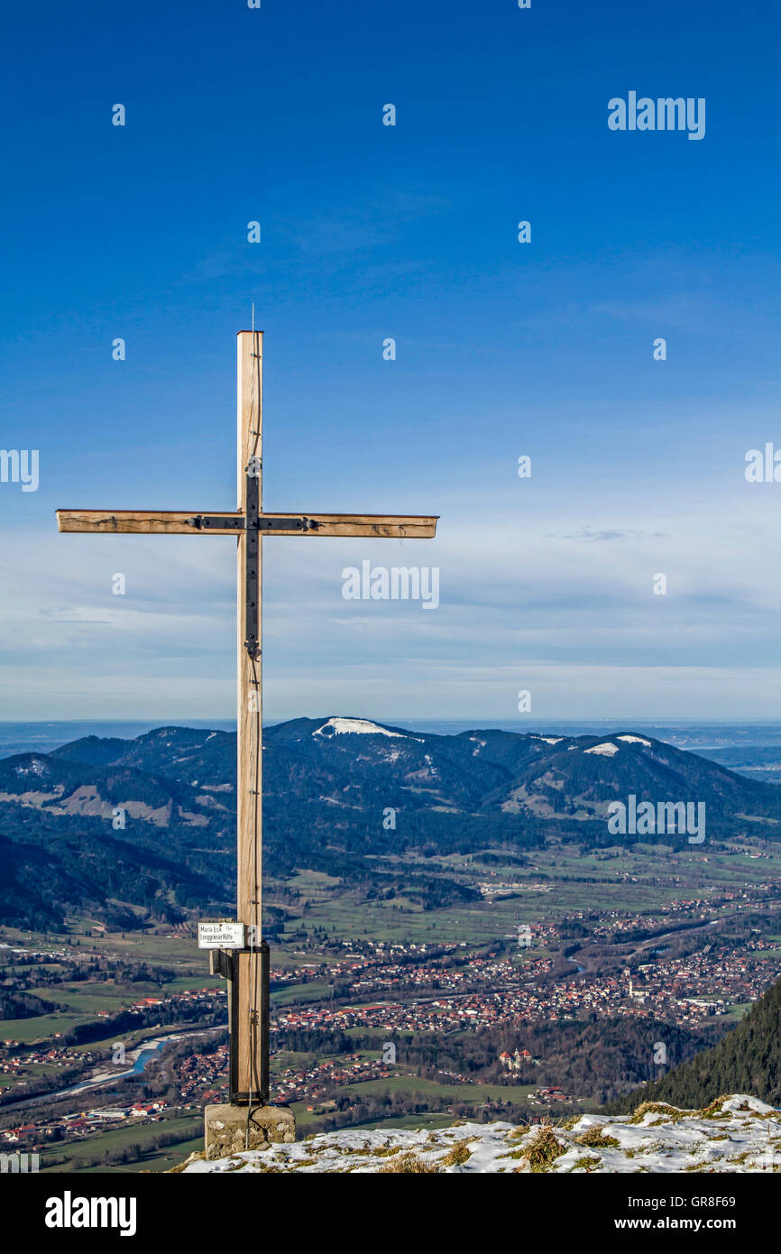 Cross On The Mountain Schönberg And Views Of Lenggries Stock Photo