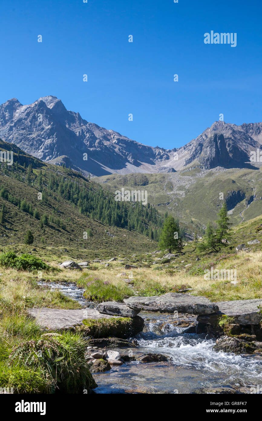Mountain River With Small Stone Bridge In The Oetztal Alps Stock Photo ...