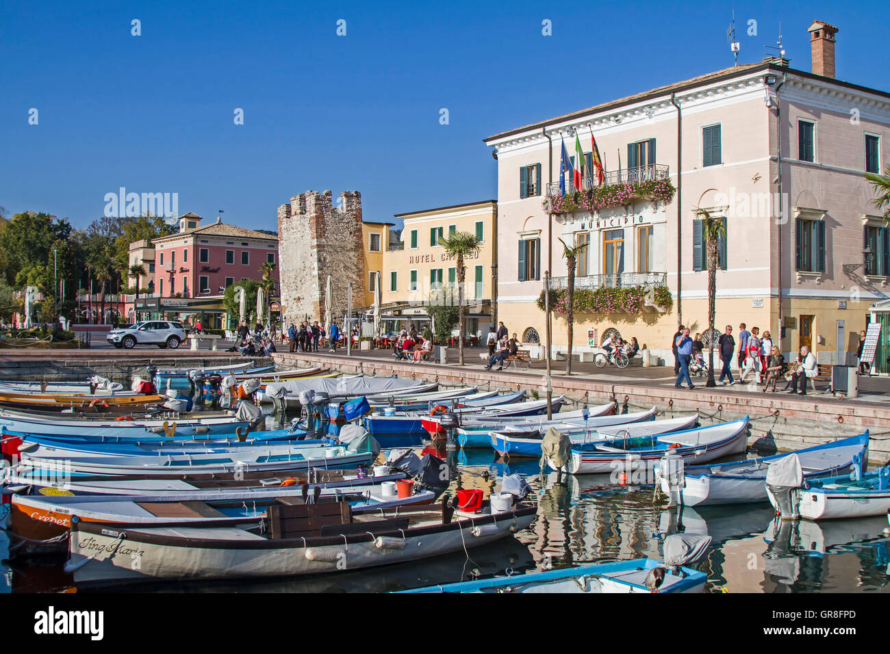 Fishing Harbor With Beach Promenade In Bardolino On Lake Garda Stock fishing-harbor-with-beach-promenade-in-bardolino-on-lake-garda-stock
