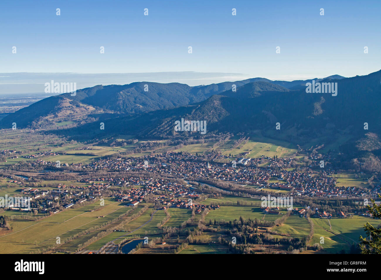 Overlooking The Isarwinkel With The Village Lenggries And Surroundings Stock Photo