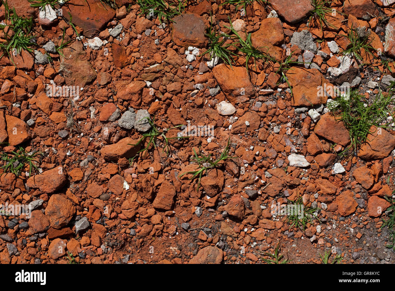 Crushed red brick making a surface with little tufts of grass growing through Stock Photo