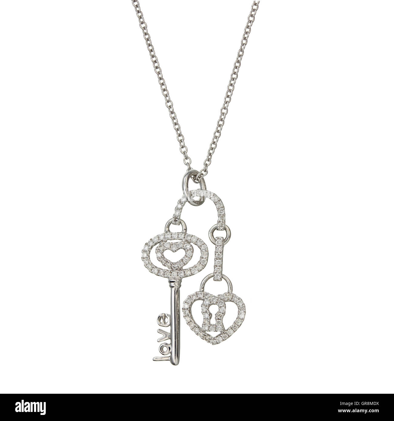 White gold chain with pendant in the shape of a key and lock Stock